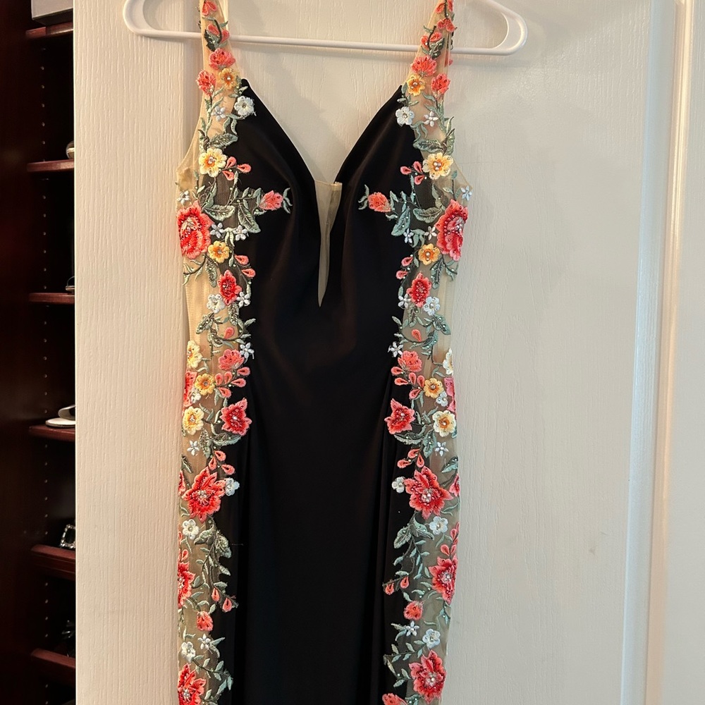Jovani Side Sheer Flower Black Gown